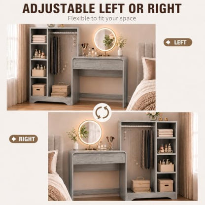 Vanity Desk, Makeup Vanity Desk with Drawers and Hanging Rack | 4 Tier Shelves, Modern Makeup Vanity Table with Curved Profile Design, Makeup Dressing Desk for Bedroom, Grey - color: Grey, size: 15.7"D x 70"W x 47"H
