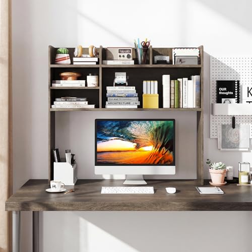 LDAILY 3-Tier Desktop Bookshelf, Wooden Desk Hutch for Computer Monitor Up to 32 Inch, Desk Organizer Shelf with Adjustable Shelf & 6 Storage Shelves, Desk Display Rack for Home Office Dorm (Grey Oak) - color: Grey Oak, size: 6 Shelves