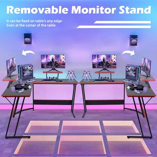 Gaming Desk L Shaped Desk, 50.4” Large Computer Desk with Shelves & Carbon Fiber Desktop, Wood Computer Table Writing Work PC Desk for Bedroom Office Dorm Small Space, Black - color: Black