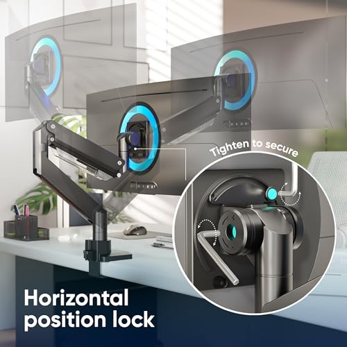 ONKRON Heavy Duty Monitor Arm for 17-57 Inch Screens up to 59.4 lbs, Ultrawide Screen Mount with Adjustable Gas Spring, VESA 75x75-200x200, Single Arm Monitor Mount for Desk, Clamp & Grommet Black | Ultrawide monitor mount with 23" extension, gas spring,