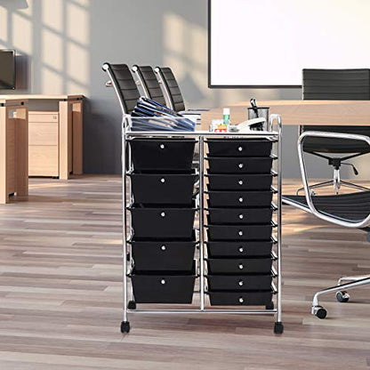 RELAX4LIFE 15 Drawer Rolling Storage Cart, Mobile Drawer Carts for Craft Art Supply Paper Salon, Utility Cart on Wheels for Classroom Teacher School Office, Rolling Cart with Drawers (Black) - color: Black, style: 15 Drawers-34.5"
