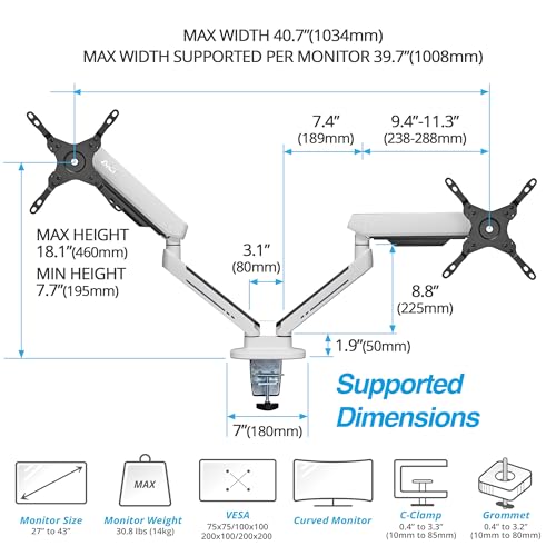 AVLT Dual 27”-43” RGB Gaming Monitor Arm Desk Mount - White | Built-in 20 Lighting Modes Touch Button Control Fits Flat/Curved/Ultrawide Screen Height Swivel Tilt Rotation Adjustable - color: White - Dual