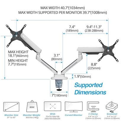 AVLT Dual 27”-43” RGB Gaming Monitor Arm Desk Mount - White | Built-in 20 Lighting Modes Touch Button Control Fits Flat/Curved/Ultrawide Screen Height Swivel Tilt Rotation Adjustable - color: White - Dual