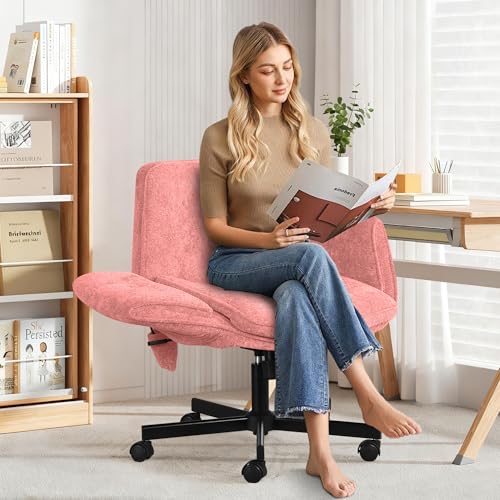 Criss Cross Chair with Lumbar Airbag & Folding Arms Relieve Back Pain, Wide Cross Legged Office Chair for Home Office, Comfy Swivel Desk Chair with Wheels, 5 Level Adjustable Armrest, Chenille(Pink) - color: Pink, style: With Airbag Lumbar Support