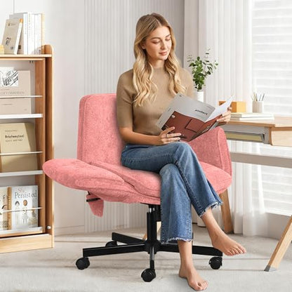 Criss Cross Chair with Lumbar Airbag & Folding Arms Relieve Back Pain, Wide Cross Legged Office Chair for Home Office, Comfy Swivel Desk Chair with Wheels, 5 Level Adjustable Armrest, Chenille(Pink) - color: Pink, style: With Airbag Lumbar Support
