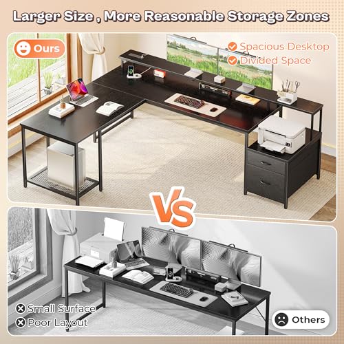 PRAISUN 66" L Shaped Gaming Desk with LED Lights & Power Outlets - color: Black