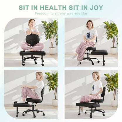 GUNJI Ergonomic Criss Cross Legged Office Chair, 360° Swivel Meditation Kneeling Chair with Wheels, ADHD Chair with Footrest, Lumbar Support, Wider Height Adjustable Seat (Black, Faux Leather) - color: Black