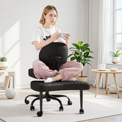 GUNJI Ergonomic Criss Cross Legged Office Chair, 360° Swivel Meditation Kneeling Chair with Wheels, ADHD Chair with Footrest, Lumbar Support, Wider Height Adjustable Seat (Black, Faux Leather) - color: Black