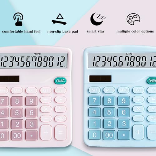 Calculator, 12 Digit Large LCD Display and Sensitive Button, Solar Battery Dual Power Office Calculator, Pink (2 PCS) - style: Pink （2PCS)