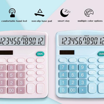 Calculator, 12 Digit Large LCD Display and Sensitive Button, Solar Battery Dual Power Office Calculator, Pink (2 PCS) - style: Pink （2PCS)