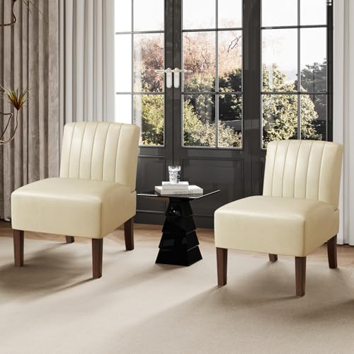 Armless Accent Chairs Set of 2 Upholstered Dining Chairs Living Room Chairs with Solid Wood Legs Bedroom Chair Leather Reading Chair Comfy Chair for Bedroom Vanity Kitchen (Beige) - color: Leather-beige
