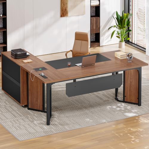 UPOSOJA 63" Executive Desk with Mobile File Cabinet, Large Office Desk with Drawer, Modern L Shaped Desk with Power Outlets, Storage Shelves, Corner Computer Desk Business Workstation Set (Walnut) - color: Walnut