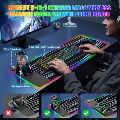 Mouse Pad with Foldable Phone Holder & Wireless Charger, XL RGB Gaming Mousepad 31.5"x11.8" Large Desk Mat for Keyboard, Home Desk Pad with Dual Qi Charging Station | 11 Colors & 5 Modes | Waterproof - color: 31.5x11.81"Phone Stand-Wave