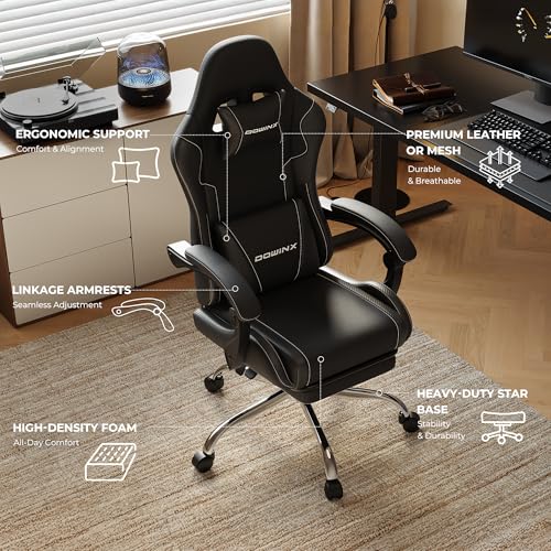 Dowinx Gaming Chair with Footrest, 330lbs Computer Chair 2D Lift Linkage Armrest, Massage Lumbar, Height Adjustable Ergonomic Comfy Video Game Chairs for Home Office Streaming, Long Gaming, Black - color: Matte Black