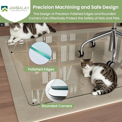 JAMBALAY 55″×46″ Tempered Glass Chair Mat, Heavy Duty Glass Office Floor Mat for Carpets and Wooden Floor, with 12 Anti-Slip Pads, Polished Edges and Round Corners, Easy Roll On, Thick 0.2″ - size: 55"x46"-No Lip