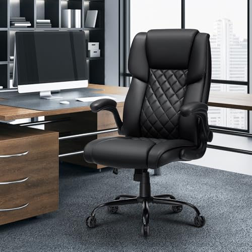 Big and Tall Office Chair 450lbs Heavy Duty Ergonomic Executive Desk Chair with Adjustable Lumbar Support High Back Home Computer Leather Chair with Padded Flip-up Arms for Heavy People Black - color: Black