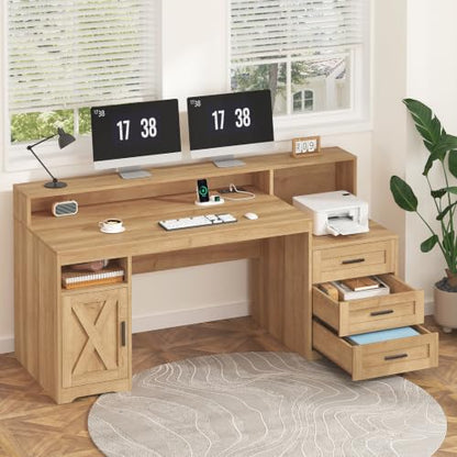65" Farmhouse Computer Desk with Drawers and Printer Stand for Home Office - color: Oak