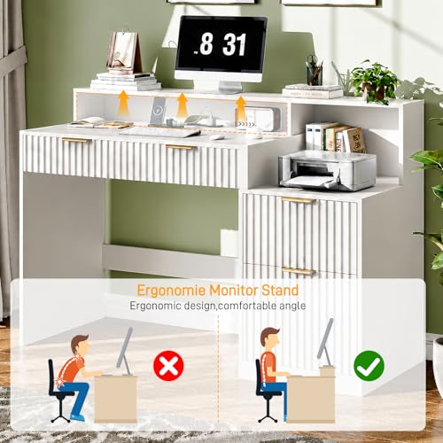 Vabches Fluted Computer Desk with Drawers, Home Office Desk with Power Outlets, Printer Stand and Storage Cabinet, Study Writing Desks with Long Monitor Stand, White - color: White