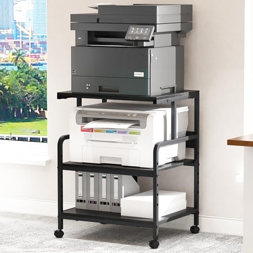 Arbuxzuy Large Printer Stand with Storage Shelf, 23.6" W x 18.9" D Printer Cart with Wheels, 3 Tier Mobile Printer Table for Home Office,Stands for Heat Press Scanner Fax (Black) - color: Black, size: Large(23.6x18.9x29.5in)