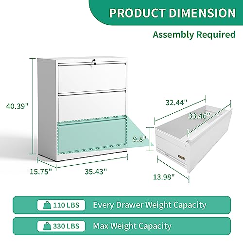 IKIMI Lateral File Cabinets 3 Drawers,White Metal Filing Cabinet for Office - color: White, size: 15.7"D x 35.4"W x 40.4"H