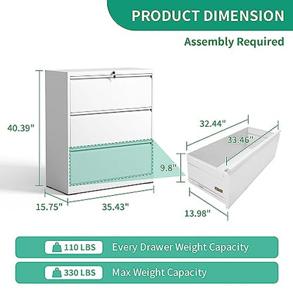 IKIMI Lateral File Cabinets 3 Drawers,White Metal Filing Cabinet for Office - color: White, size: 15.7"D x 35.4"W x 40.4"H