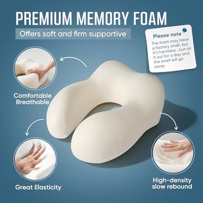 SkytraxComf® Travel Neck Pillow with Hood for Privacy on Long Flights | Memory Foam | Airplane Sleep | Safety-Tested Materials | Extra Large Hood | Chin Support | Earplugs | Washable Cover - color: Mint Blue