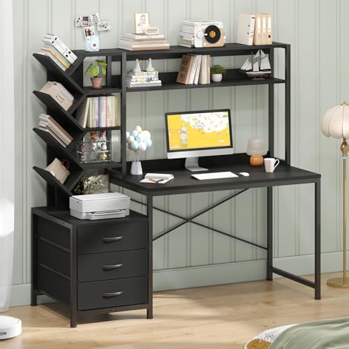 YOMILUVE 52" Computer Desk with Bookshelf, 3 Drawers ＆ Hutch for Bedroom | Black Office Desk with Printer Shelf, Study Writing Desk with Storage Shelves - color: Black