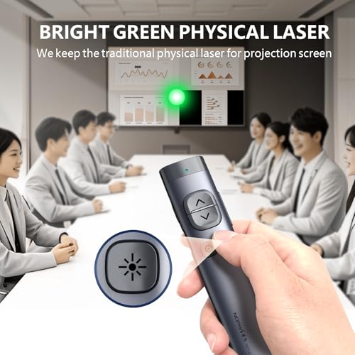 N97s Presentation Clicker for Powerpoint Presentations with Digital Pointer | ①Green Laser Pointer②Metal Housing③Magnifier/Highlight/Mouse Left Click④TV Screen&Projector Clicker⑤Built-in Storage Receiver - color: Green - BLE&USB-A
