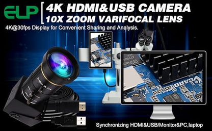 ELP 4K USB HDMI USB Camera Manual Zoom Webcam Variable Focus PC Camera Mini Close-up Camera for Computer H.264 Telescope USB Security Camera 8mp IMX415 Industrial CCTV Camera (5-50mm 10X Zoom Lens) - color: 5-50mm 10X zoom lens