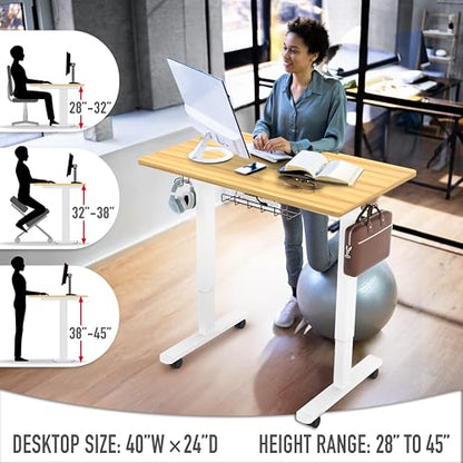 SHW Mobile Electric Height Adjustable Standing Desk w/Drawer, Walnut | 40" Wide Top | w/ Memory Presets and Cable Management | Drawer with adjustable compartments | Hanging Hooks - color: Oak