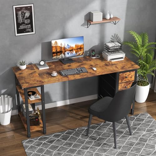 Lufeiya 63 inch Computer Desk with Storage Shelves, Writing Work Study Desk for Home Office Bedroom, Modern Simple Student PC Desks Table with 4 Fabric Drawers, Rustic Brown - color: Rustic Brown, size: 63"
