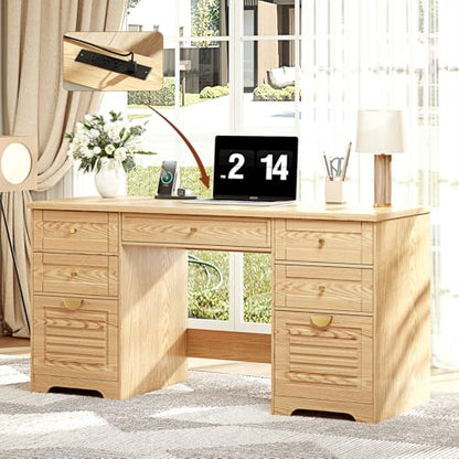 Ieejdn 59" Home Office Desks, Executive Desk, Farmhouse Computer Desk with 7 Drawers and Charging Station, File Drawer, Rustic Computer Writing Desk,Antique Wood - color: Wood, size: 59"