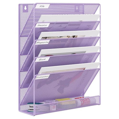 EasyPAG 5 Tier Wall File Holder, Mesh Hanging Folder Organizer with Classify Label, Versatile Desk File Holder, Vertical Wall Mounted Mail Organizer for Office Home Cubicle, Purple - color: Purple