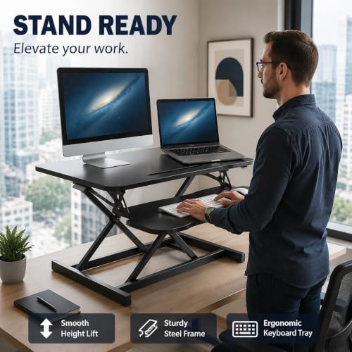32" Height Adjustable Sit Stand Desk Converter, Dual Monitor Laptop Riser, Black (Desk Converter (Black)) - color: Desk Converter (Black)