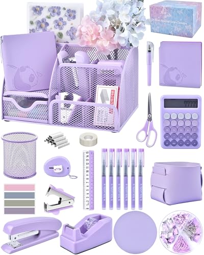 23pc Purple Desk Accessories and Organizers with Mesh Organizer Stapler Tape Dispenser Calculator and a Lot of Office Purple Office Supplies Beautifully Presented in a Gift Box - color: Purple