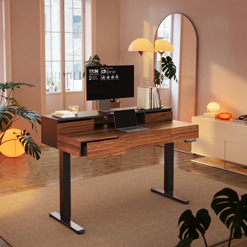 HUANUO Electric Standing Desk with Drawers, Height Adjustable, Black Walnut | 5 Storage Drawers, Whole-Piece Board, Sit Stand Up Desk with Monitor Shelf, 4 Memory Presets, Home Office Computer Desk