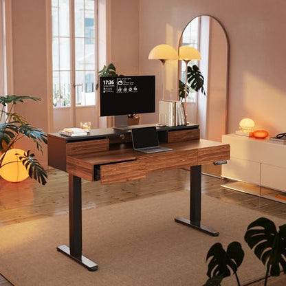 HUANUO Electric Standing Desk with Drawers, Height Adjustable, Black Walnut | 5 Storage Drawers, Whole-Piece Board, Sit Stand Up Desk with Monitor Shelf, 4 Memory Presets, Home Office Computer Desk