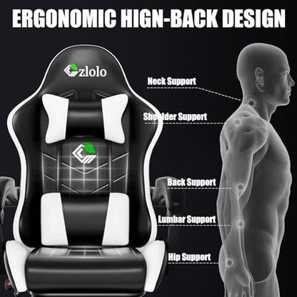 Czlolo Gaming Chair, Ergonomic Office Computer Chair with Footrest and Lumbar Support Massager High Back Video Gamer Chair, Wide＆Thick Cushion, 90°-135° Recline, Adjustable Height, Cloud White - color: Cloud White