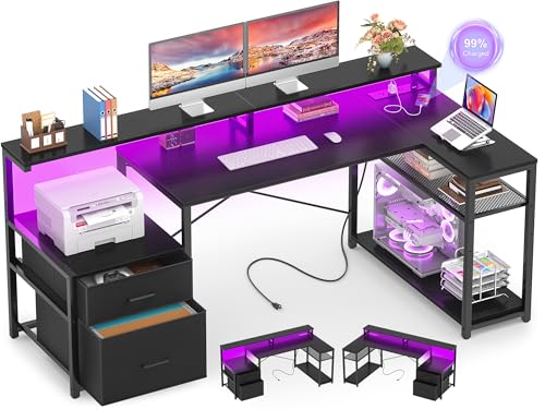 Aheaplus L Shaped Desk with File Drawer, Reversible L Shaped Gaming Desk | Computer Desk with Power Outlet & LED Strip, Home Office Desk Corner Desk with Monitor Shelf, Storage Shelves, Black - color: Black