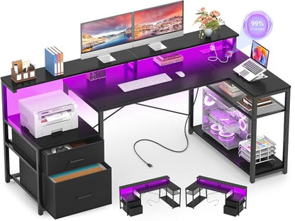 Aheaplus L Shaped Desk with File Drawer, Reversible L Shaped Gaming Desk - color: Black