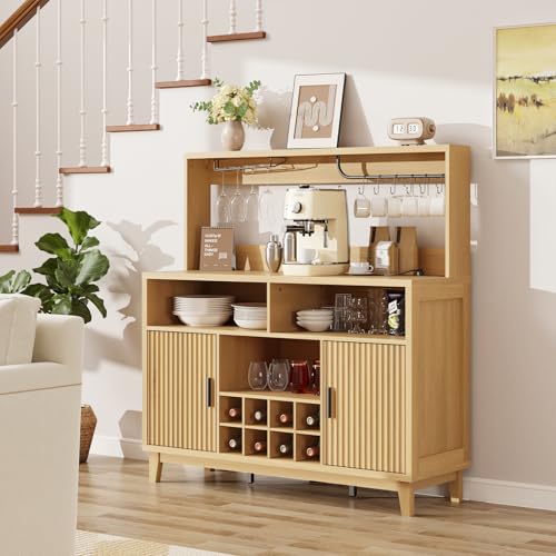 Fluted Buffet Cabinet with Storage, Modern Coffee Bar Cabinet, Natural - color: Wood Grain, size: Coffee Bar - 15.6"D x 47.2"W x 49.6"H