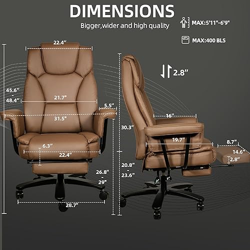 Reclining Office Chair with Footrest, Big and Tall High Back Home Office Desk Chairs 400lbs with Criss Cross Wide Seat, Heavy Duty Base, Pu Leather, Brown - color: Brown