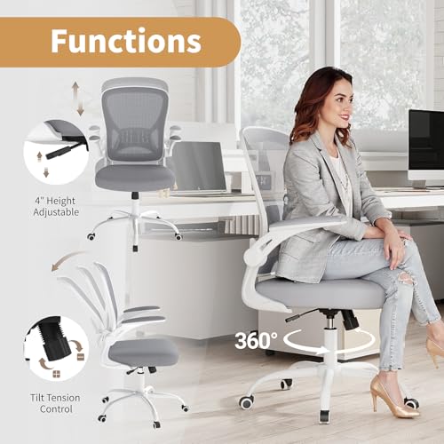 Youhauchair Adjustable Mesh Ergonomic Office Chair Set of 1, Grey | Flip-up Arms, Lumbar Support, Height Adjustable, Swivel, Breathable, Rocking, Mid Back Compurter Chair with Wheels - color: Grey, size: Set of 1
