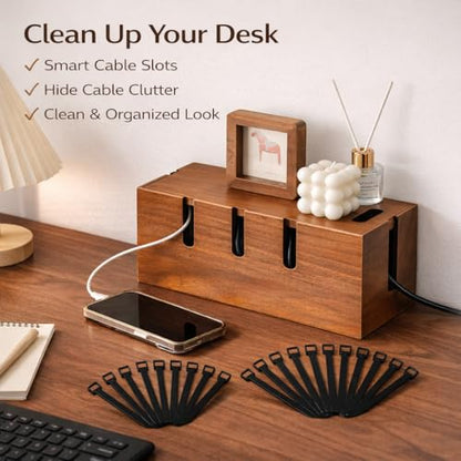 Large Acacia Wood Cable Management Box for Power Strips - color: Natural Brown