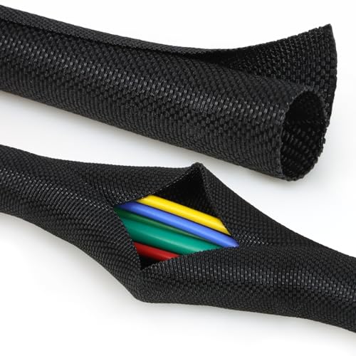 Split Braided Cable Sleeve，Flexible Wire Loom Tubing, Automotive Cord Protector Pet Proof, Cable Management for Computer TV Electric Wires Harness 16ft (Black, 25mm（1") - color: Black, size: 25mm（1")