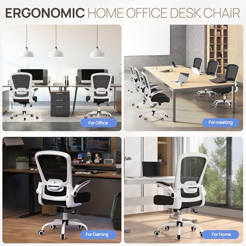 Mimoglad Ergonomic Office Chair - Desk Chair with Flip-up Armrests & 135° Recline, Adjustable Lumbar Support - Space-Saving Task Chair for Business/Team Office & Home (White Frame-Black, 300lbs) - color: White Frame-black
