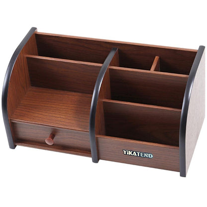 Wooden Desk Organizer with Drawer, Multi-Compartment Desktop Storage for Office Supplies, Remote Control, Phone, Makeup & Accessories
