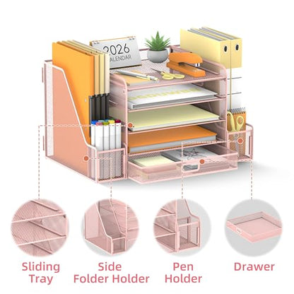 SUPEASY Mesh Desk Organizer with File Holder, 5-Tier Paper Letter Tray Organizer with Magazine Holder, Desktop Organizer and Storage with Drawer for Office Supplies Home or School (Pink) | Two side magazine holders and a bottom drawer store papers, folder