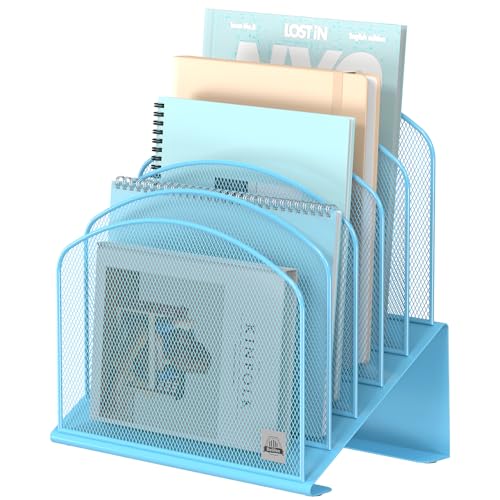 Delifox Inclined Desk File Organizer,Vertical File Folder Holder Stand Metal Rack File Sorter for Office Classroom Desktop Organization (1, Blue, 5) - color: Blue, size: 1Pack