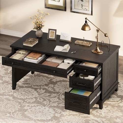 53.5" Farmhouse Home Office Desk with File Cabinet, Wooden Executive Desk with Power Outlet, Work Desk with Drawers, Traditional Wood Desk for Home and Office, Black - color: Black